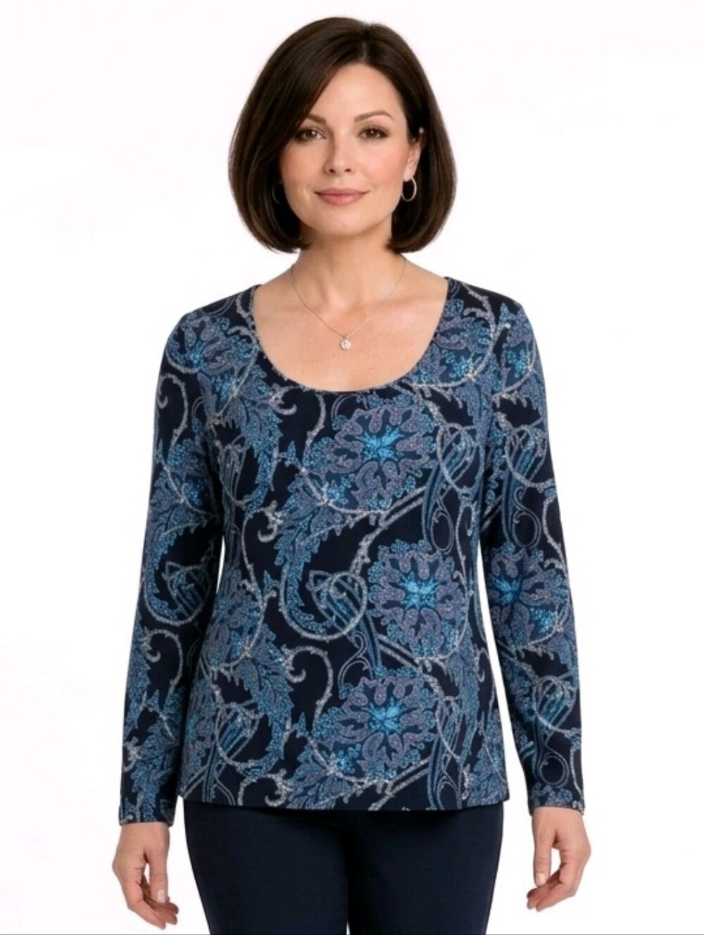Talbots Navy Blue Intricate Paisley Scoop Neck Long-Sleeve Top Size XL